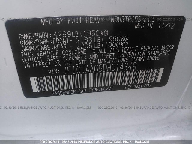 JF1GJAA69DH014349 - 2013 SUBARU IMPREZA WHITE photo 9