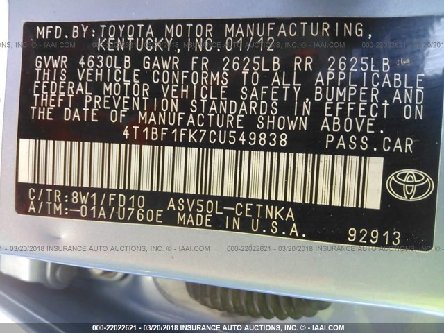 4T1BF1FK7CU549838 - 2012 TOYOTA CAMRY SE/LE/XLE Светло-синий фото 9