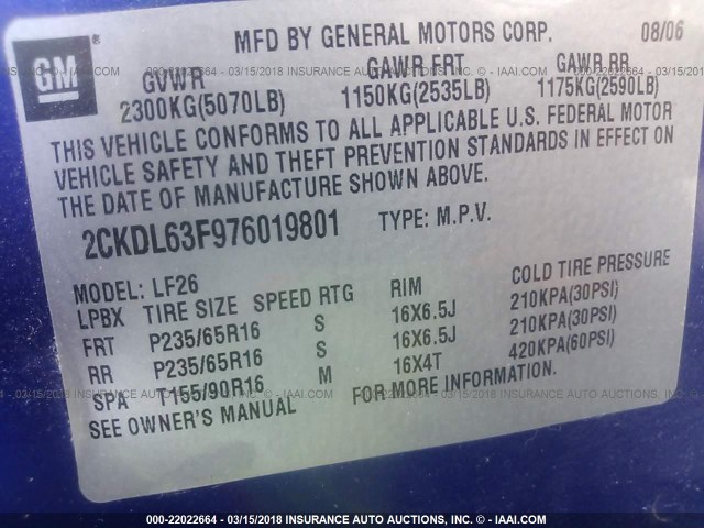 2CKDL63F976019801 - 2007 PONTIAC TORRENT BLUE photo 9