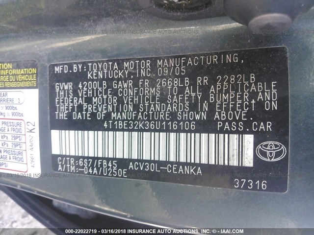 4T1BE32K36U116106 - 2006 TOYOTA CAMRY LE/XLE/SE GREEN photo 9
