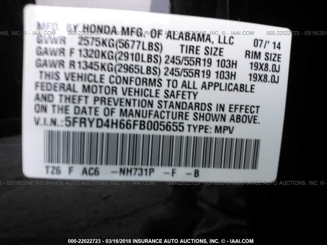 5FRYD4H66FB005655 - 2015 ACURA MDX TECHNOLOGY BLACK photo 9