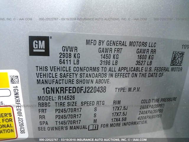 1GNKRFED0FJ220438 - 2015 CHEVROLET TRAVERSE LS SILVER photo 9