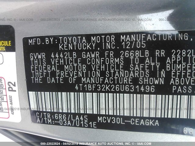 4T1BF32K26U631496 - 2006 TOYOTA CAMRY LE/XLE/SE 银色 照片 9