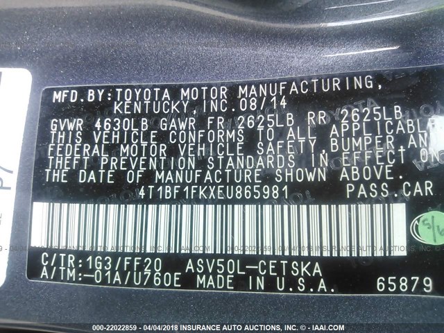 4T1BF1FKXEU865981 - 2014 TOYOTA CAMRY L/SE/LE/XLE GRAY photo 9