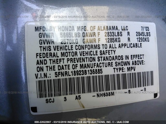 5FNRL18923B136885 - 2003 HONDA ODYSSEY EXL თეთრი ფოტო 9