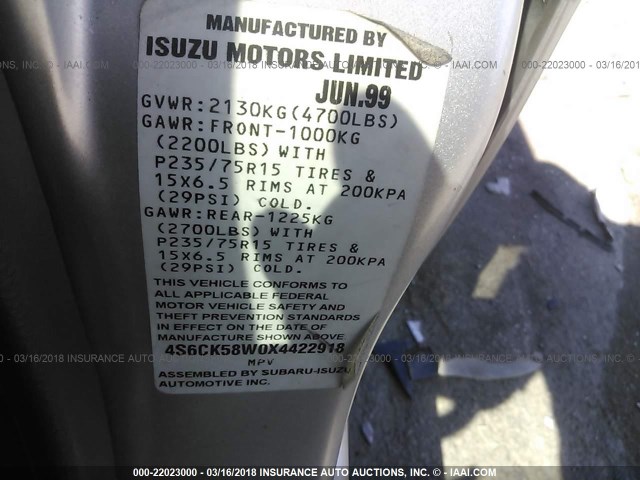 4S6CK58W0X4422918 - 1999 HONDA PASSPORT EX/LX 银色 照片 9