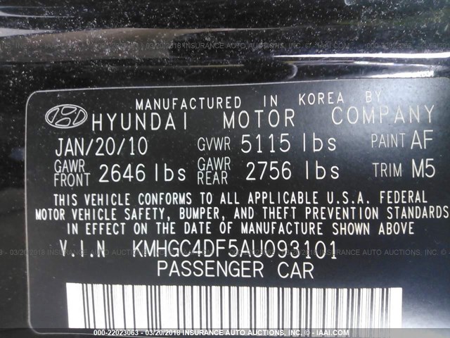 KMHGC4DF5AU093101 - 2010 HYUNDAI GENESIS 4.6L BLACK photo 9