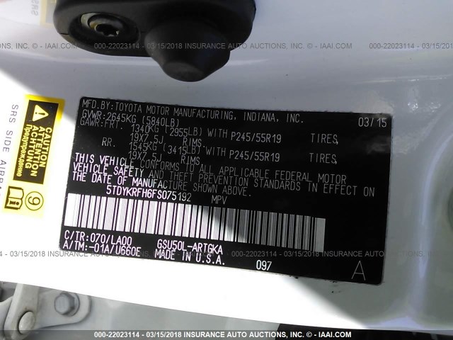 5TDYKRFH6FS075192 - 2015 TOYOTA HIGHLANDER LIMITED/LTD PLATINUM WHITE photo 9