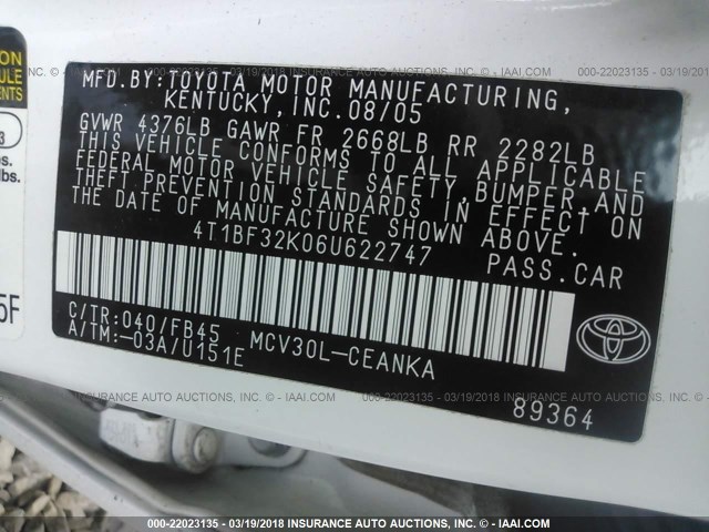 4T1BF32K06U622747 - 2006 TOYOTA CAMRY LE/XLE/SE WHITE photo 9