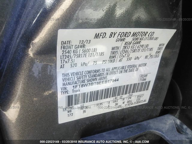 1FT8W3BT8EEB17944 - 2014 FORD F350 SUPER DUTY GRAY photo 10