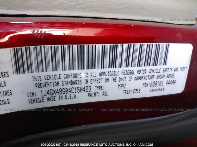 1J4GX48S04C150423 - 2004 JEEP GRAND CHEROKEE LAREDO/COLUMBIA/FREEDOM 红色 照片 9