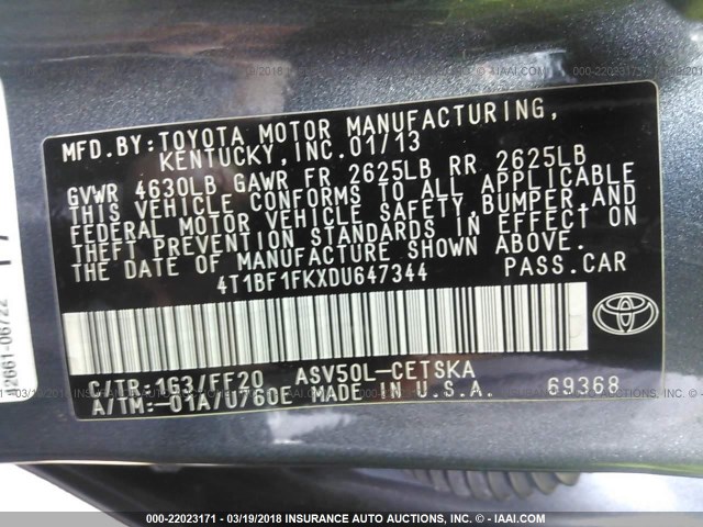 4T1BF1FKXDU647344 - 2013 TOYOTA CAMRY L/SE/LE/XLE GRAY photo 9