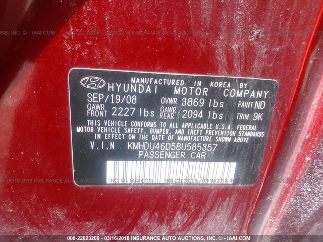 KMHDU46D58U585357 - 2008 HYUNDAI ELANTRA GLS/SE/LIMITED RED photo 9