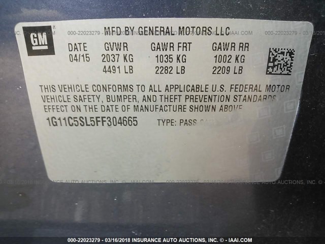 1G11C5SL5FF304665 - 2015 CHEVROLET MALIBU 1LT 蓝色 照片 9