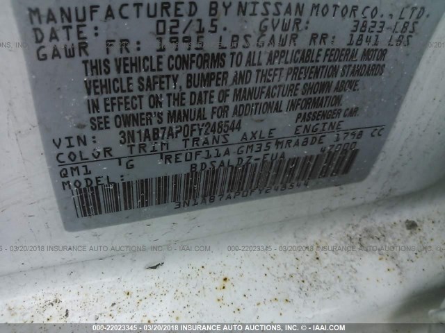 3N1AB7AP0FY248544 - 2015 NISSAN SENTRA S/SV/SR/SL WHITE photo 9