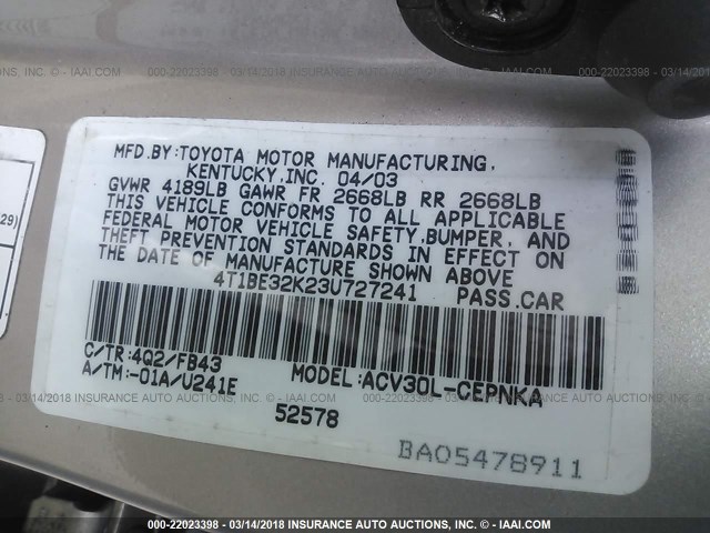4T1BE32K23U727241 - 2003 TOYOTA CAMRY LE/XLE/SE BEIGE photo 9