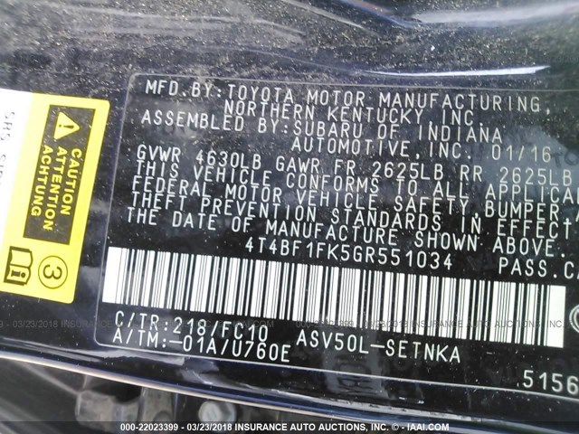 4T4BF1FK5GR551034 - 2016 TOYOTA CAMRY LE/XLE/SE/XSE Schwarz Foto 9