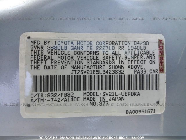 JT2SV21E5L3423832 - 1990 TOYOTA CAMRY DLX 浅蓝色 照片 9