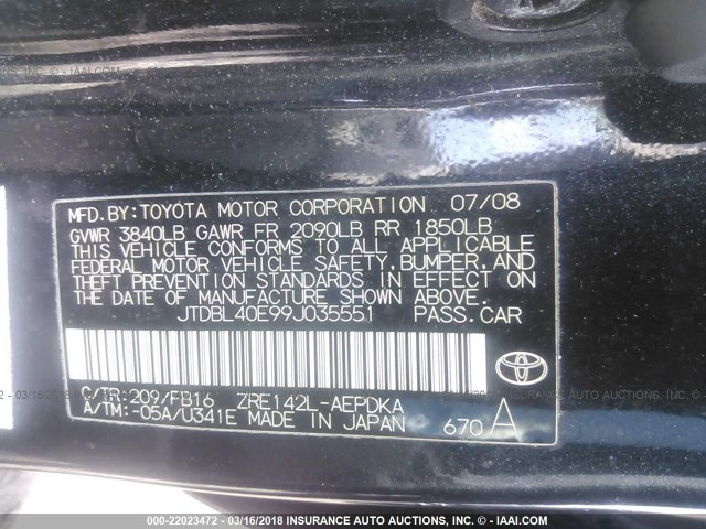 JTDBL40E99J035551 - 2009 TOYOTA COROLLA LE/XLE BLACK photo 9