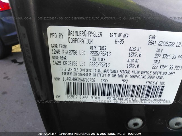 1J4GL48K25W709756 - 2005 JEEP LIBERTY SPORT 绿色 照片 9