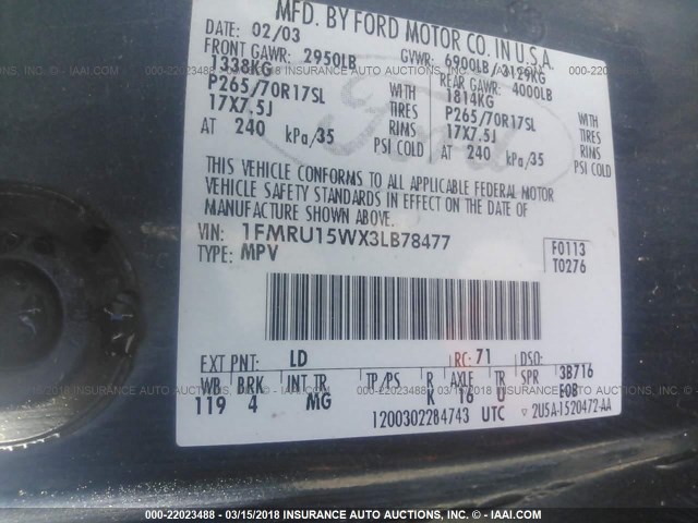 1FMRU15WX3LB78477 - 2003 FORD EXPEDITION XLT ლურჯი ფოტო 9