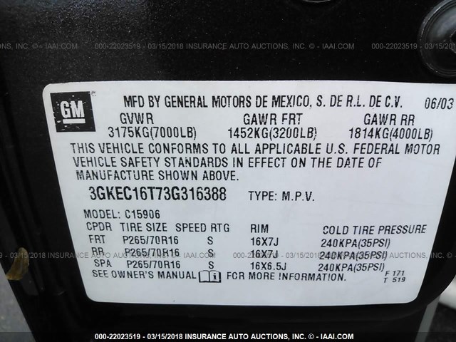 3GKEC16T73G316388 - 2003 GMC YUKON XL C1500 GRAY photo 9