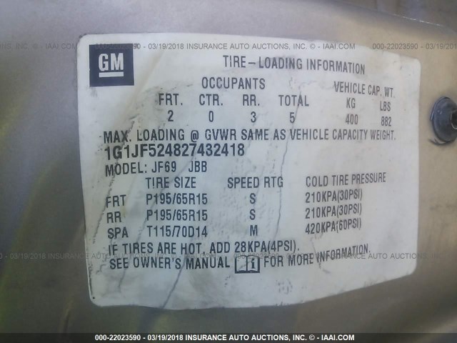 1G1JF524827432418 - 2002 CHEVROLET CAVALIER LS BROWN photo 9