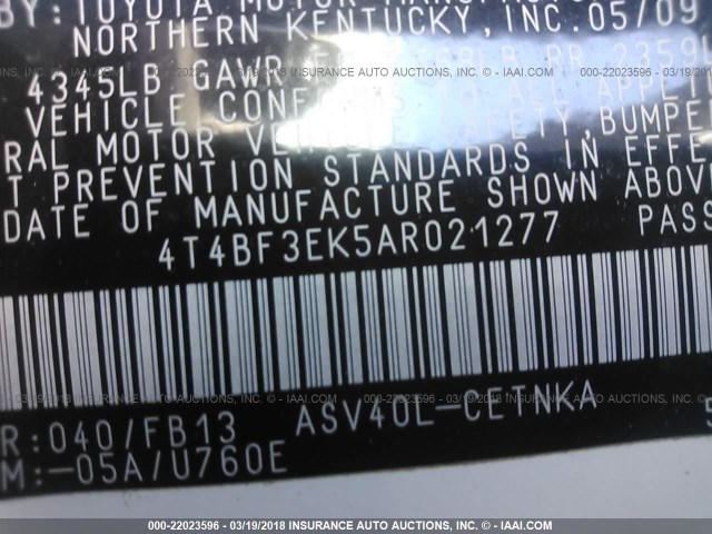 4T4BF3EK5AR021277 - 2010 TOYOTA CAMRY SE/LE/XLE Белый фото 9