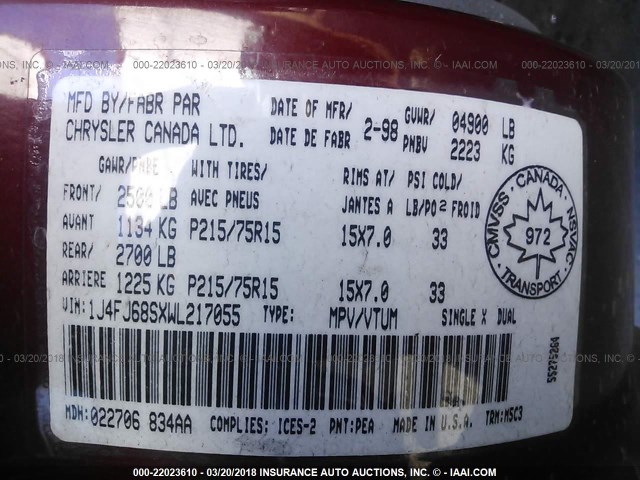 1J4FJ68SXWL217055 - 1998 JEEP CHEROKEE SPORT/CLASSIC ბურგუნდია ფოტო 9