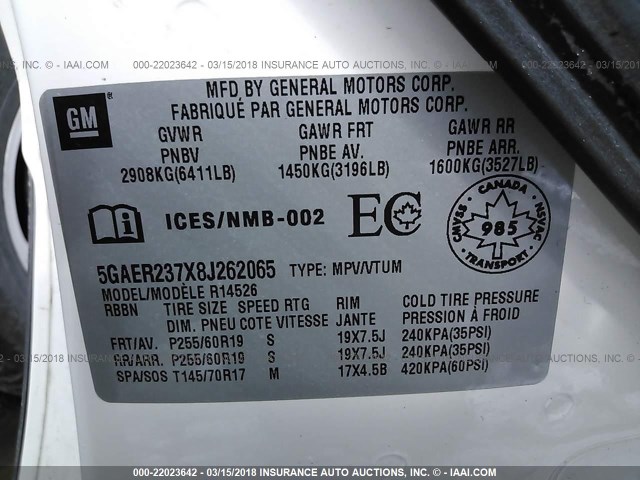 5GAER237X8J262065 - 2008 BUICK ENCLAVE CXL 白色 照片 9