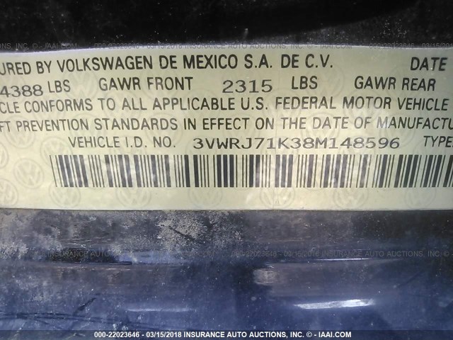 3VWRJ71K38M148596 - 2008 VOLKSWAGEN JETTA WOLFSBURG 黑色 照片 9