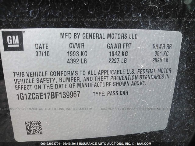 1G1ZC5E17BF139967 - 2011 CHEVROLET MALIBU 1LT 黑色 照片 9