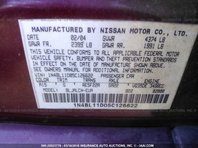 1N4BL11D05C126622 - 2005 NISSAN ALTIMA SE/SL/SE-R MAROON photo 9