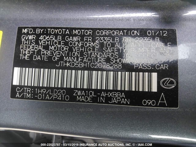 JTHKD5BH1C2078288 - 2012 LEXUS CT 200 GRAY photo 9