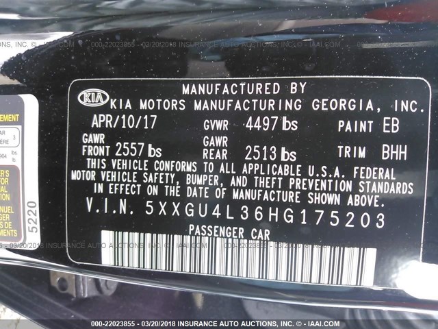 5XXGU4L36HG175203 - 2017 KIA OPTIMA EX BLACK photo 9