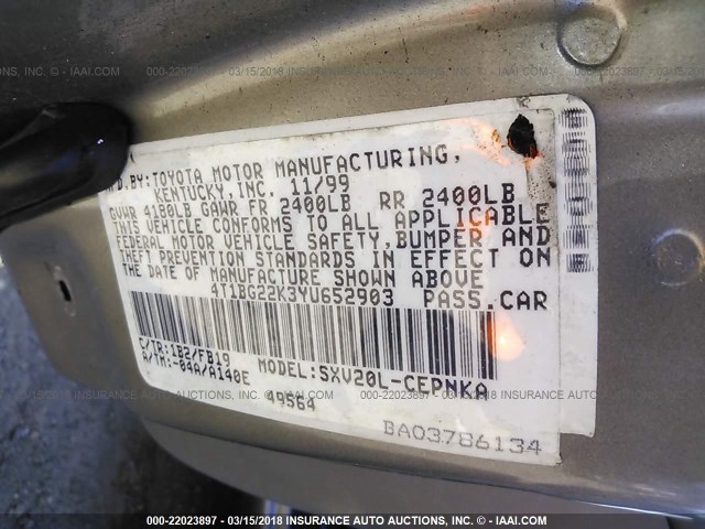 4T1BG22K3YU652903 - 2000 TOYOTA CAMRY CE/LE/XLE 灰色 照片 9