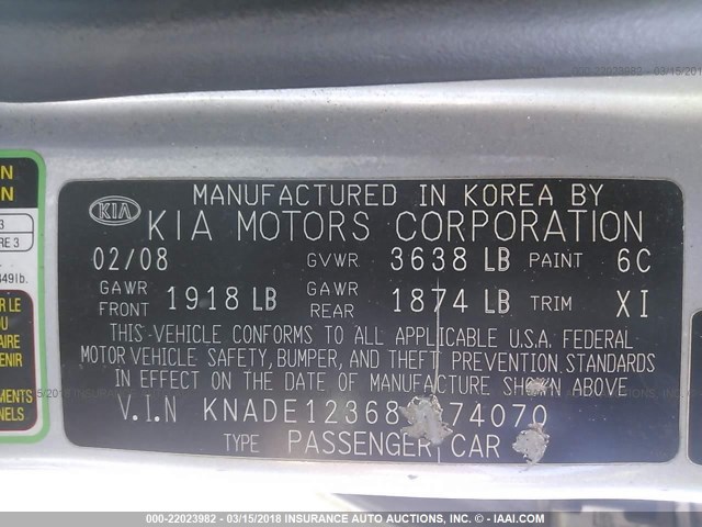 KNADE123686374070 - 2008 KIA RIO LX/SX SILVER photo 9