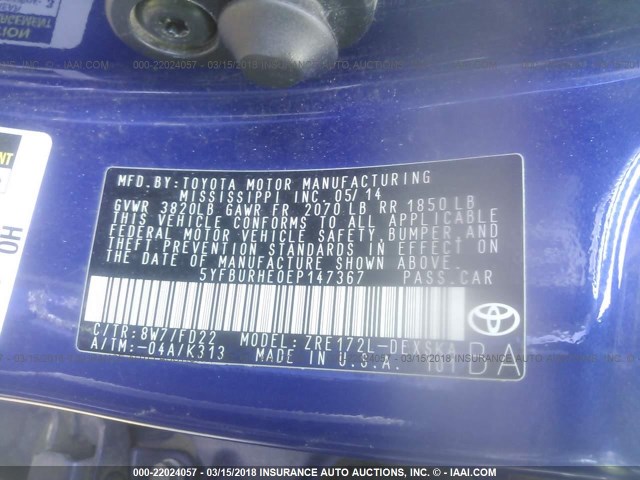 5YFBURHE0EP147367 - 2014 TOYOTA COROLLA L/LE/LE PLS/PRM/S/S PLS BLUE photo 9