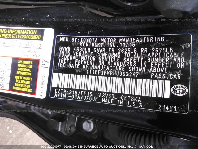 4T1BF1FK8HU363247 - 2017 TOYOTA CAMRY LE/XLE/SE/XSE BLACK photo 9