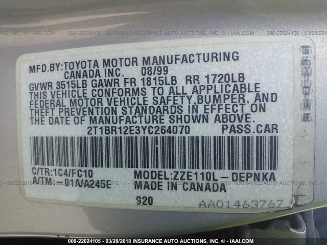 2T1BR12E3YC264070 - 2000 TOYOTA COROLLA VE/CE/LE 黑色 照片 9