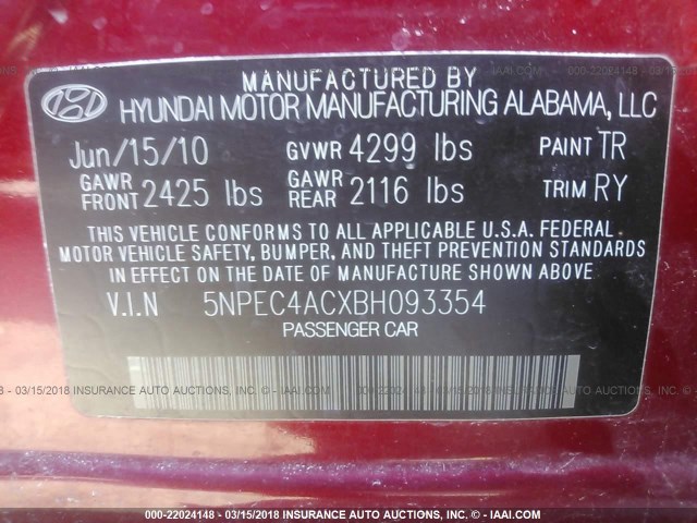 5NPEC4ACXBH093354 - 2011 HYUNDAI SONATA SE/LIMITED RED photo 9