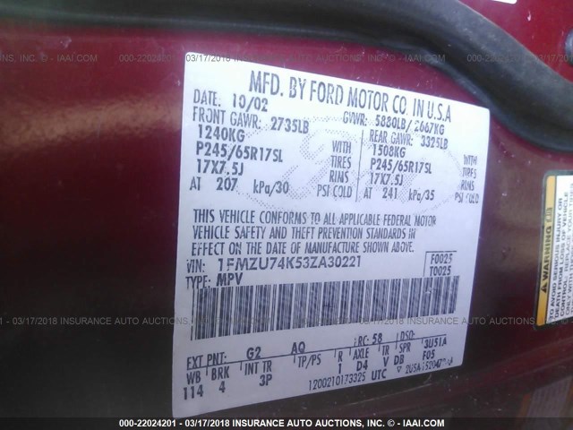 1FMZU74K53ZA30221 - 2003 FORD EXPLORER EDDIE BAUER RED photo 9