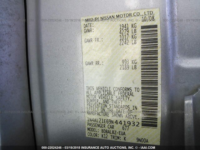 1N4AL21E69N441932 - 2009 NISSAN ALTIMA 2.5/2.5S SILVER photo 9