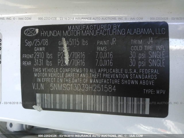 5NMSG13D39H251584 - 2009 HYUNDAI SANTA FE GLS WHITE photo 9