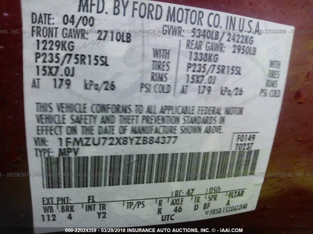 1FMZU72X8YZB84377 - 2000 FORD EXPLORER XLS RED photo 9