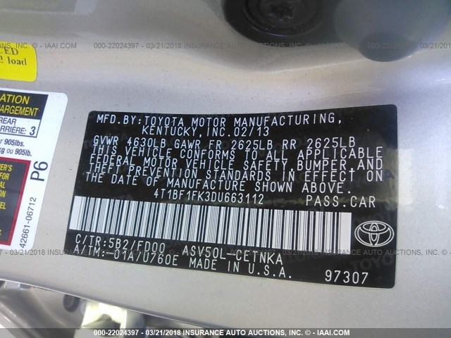 4T1BF1FK3DU663112 - 2013 TOYOTA CAMRY L/SE/LE/XLE 金色 照片 9