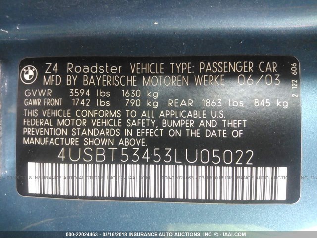 4USBT53453LU05022 - 2003 BMW Z4 3.0 BLUE photo 9