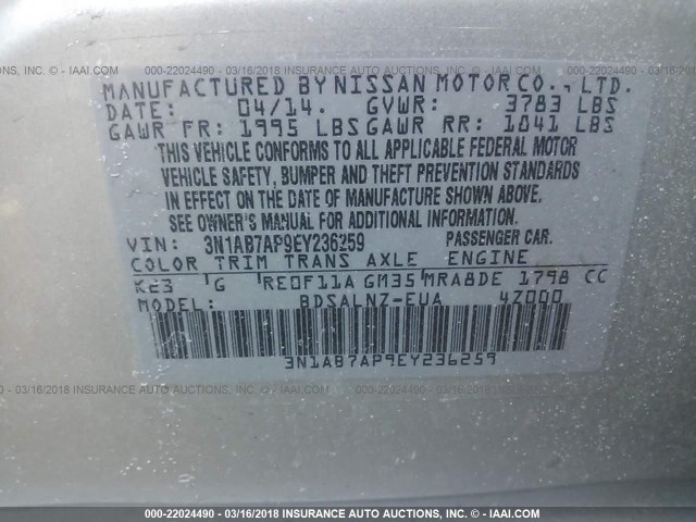 3N1AB7AP9EY236259 - 2014 NISSAN SENTRA S/SV/SR/SL SILVER photo 9