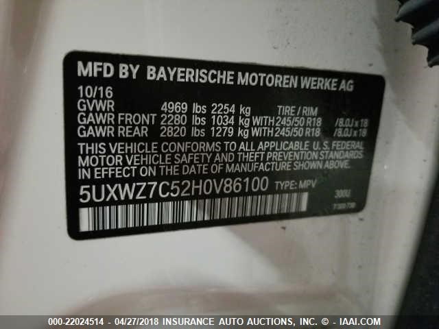 5UXWZ7C52H0V86100 - 2017 BMW X3 SDRIVE28I WHITE photo 9