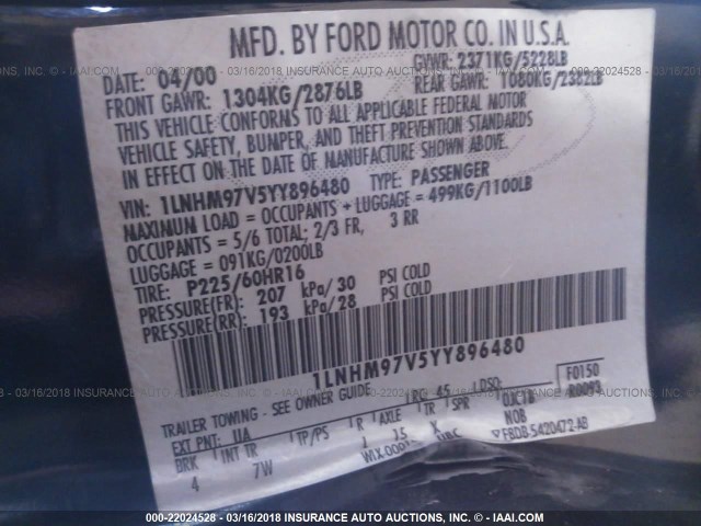 1LNHM97V5YY896480 - 2000 LINCOLN CONTINENTAL  黑色 照片 9